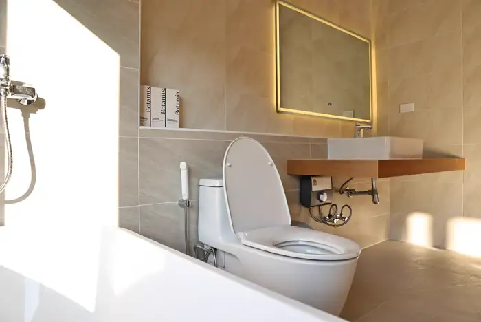 Indoor bathtub with garden view