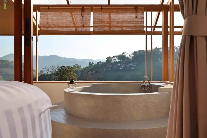 Outdoor bathtub with mountain view