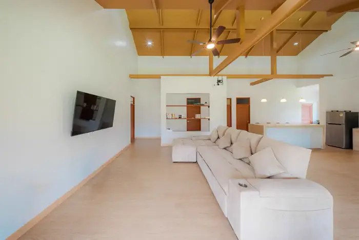 Kitchen and sofa area